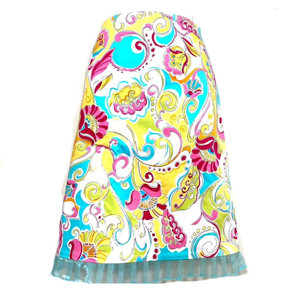 Sangria floral paisley pencil skirt. Bright stretch multicolored lined side zip